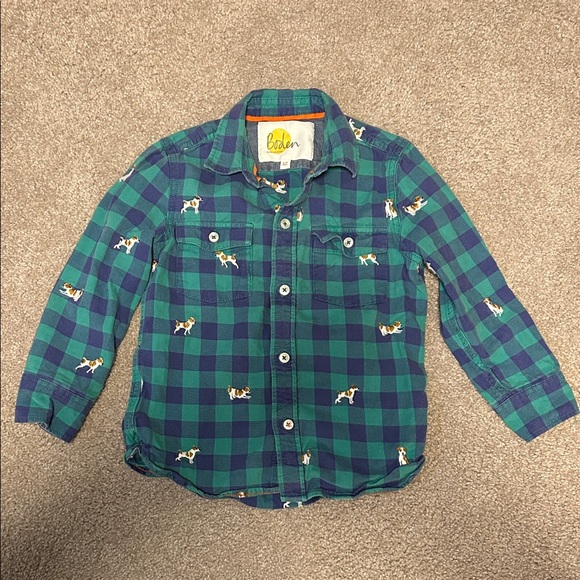 Boden Kids Blue and Green Plaid Shirt with Dog Pattern - Picture 2 of 3